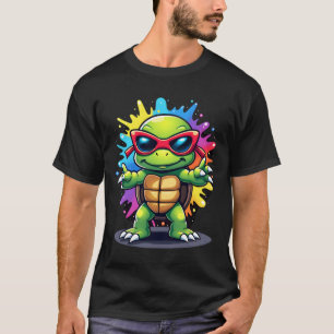 Camiseta Tartaruga Fofa Usando Óculos de Sol Tinta Espalha 