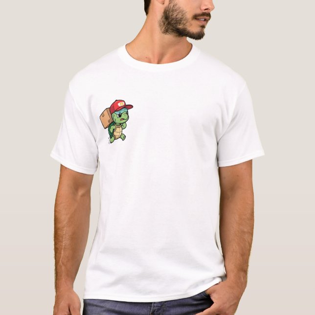 Camiseta Tartaruga Fofo de Entrega Correndo Com Pacote (Frente)