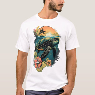 Camiseta Tartaruga Havaiana Tartarugas Marinhas Flor de Hib