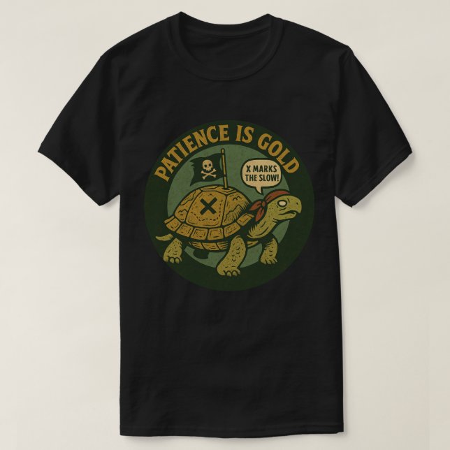 Camiseta Tartaruga Pirata Divertida Paciência Ouro (Frente do Design)