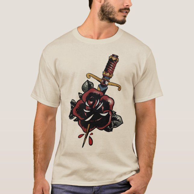 Camiseta tattoo couteau rose fleur dague poignard transperc (Frente)