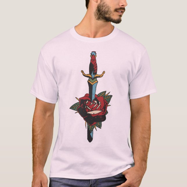 Camiseta tattoo dague transperce rose fleur old school tatt (Frente)