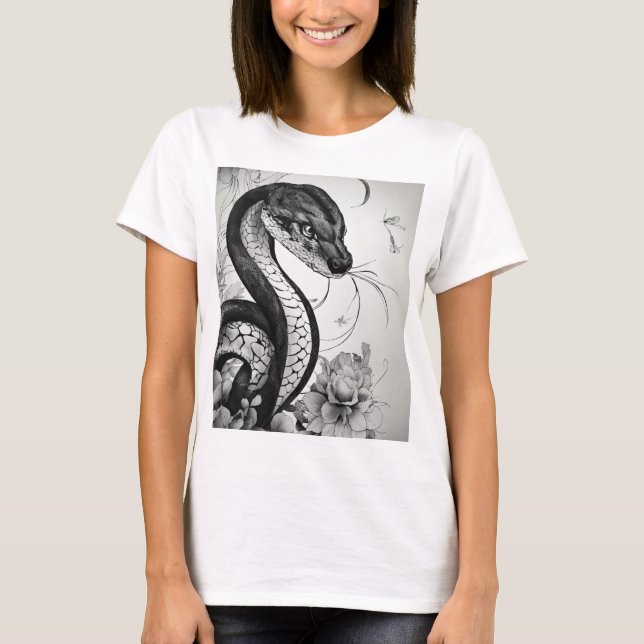 Camiseta Tatuagem de Cobra branco e preto-e-Na moda" (Frente)