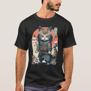 Camiseta Tatuagem de Gato de Samurai Japonês, Ninja Cat Wom