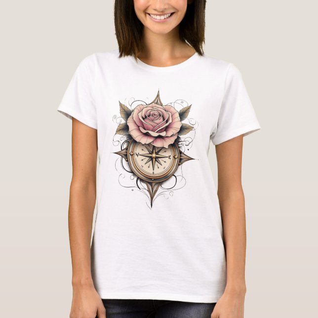 Camiseta Tatuagem de rosa Compass (Frente)