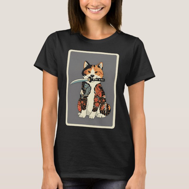 Camiseta Tatuagem Estilo Japonês Gato Samurai (Frente)