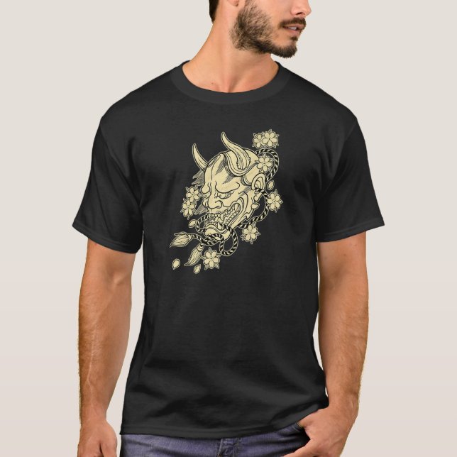 Camiseta Tatuagem Japonesa Hannya Devil Mask With Cherry Bl (Frente)
