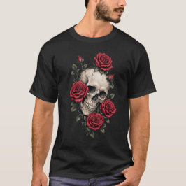 Camiseta Tatuagem Neo Tradicional de Caveira e Rosas Vermel