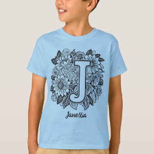 Camiseta Tatuagem Preto e Branco Flores Monograma Letra J