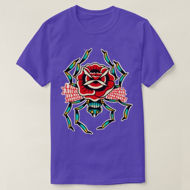 Camiseta Tatuagem tradicional de rosa de aranha (Frente do Design)