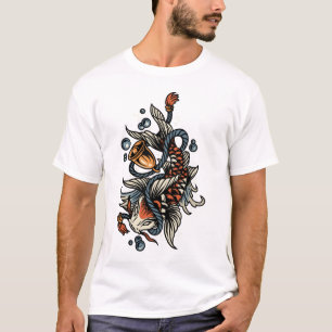 Camiseta Tatuagem tradicional em forma de peixe Koi e sino