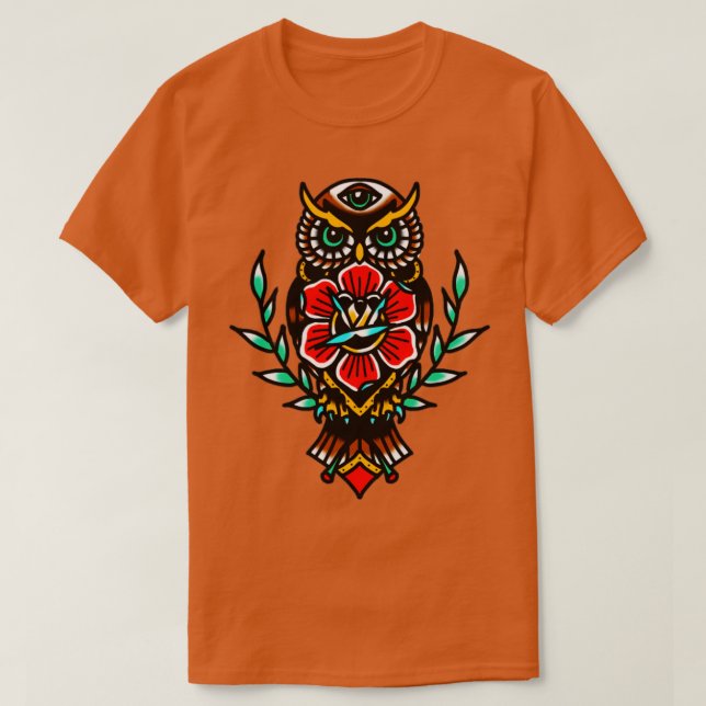 Camiseta tatuagem tradicional rosa da coruja (Frente do Design)