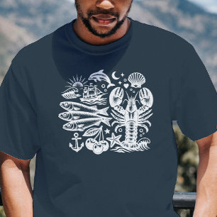 Camiseta Tatuagem Vintage Oceano Preto e Branco Náutico