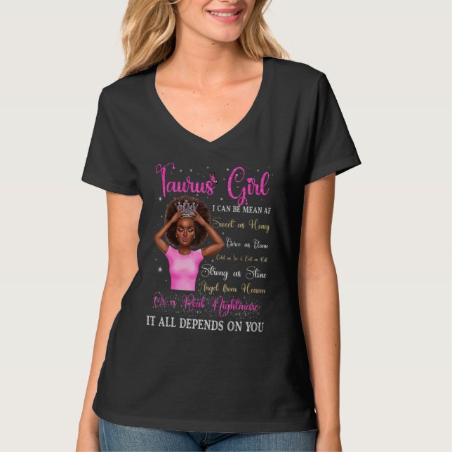 Camiseta Taurus Girl Black Queen Zodiac Birthday Afro Women (Frente)