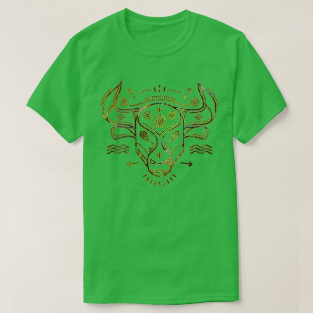 Camiseta Taurus Zodiac Dourado Abalone sobre constelação (Frente do Design)
