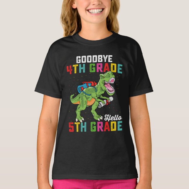 Camiseta Tchau 4º ano Alô 5 Grau T Rex Dinossauro (Frente)