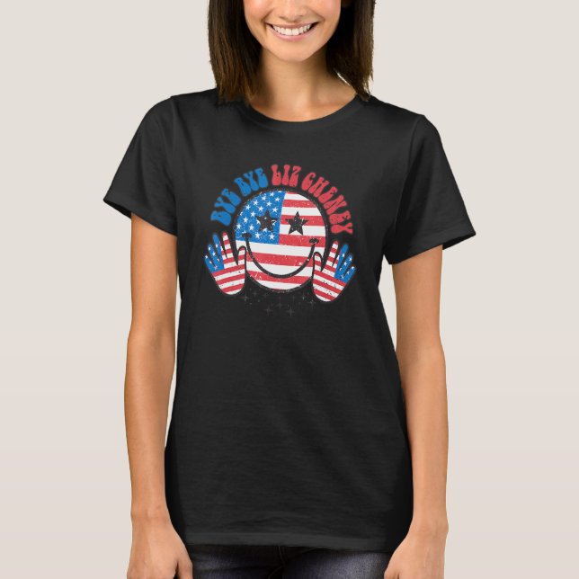 Camiseta Tchau Liz Cheney retro Happy face bandeira da Amér (Frente)