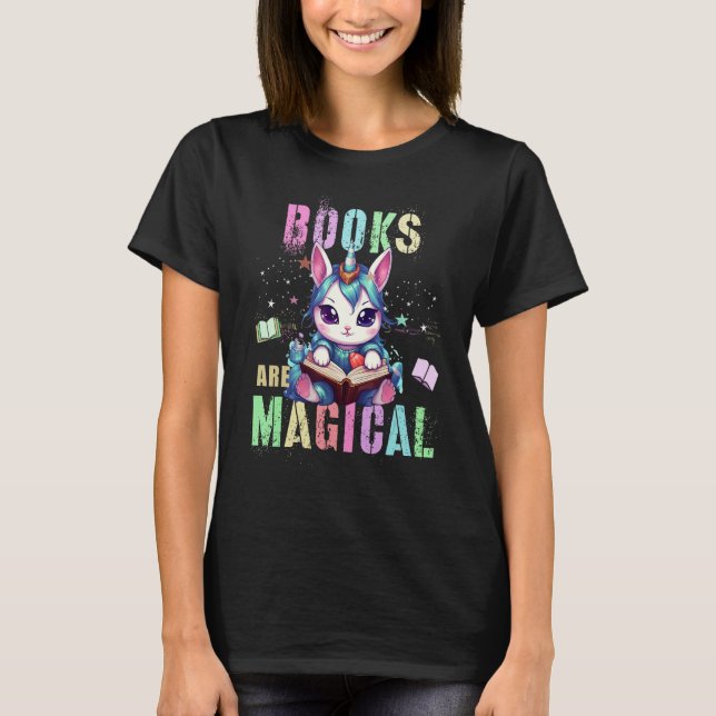Camiseta Teacher BOOKS ARE MAGICAL Cat Unicorn School Libra (Frente)