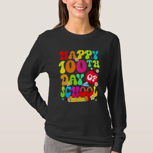 Camiseta Teacher Kids Retro 100 Days Happy 100th Day Of Sch (Frente)