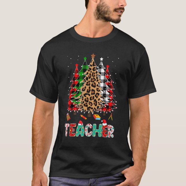 Camiseta Teacher Leopard Red White Green Plaid Christmas Tr (Frente)