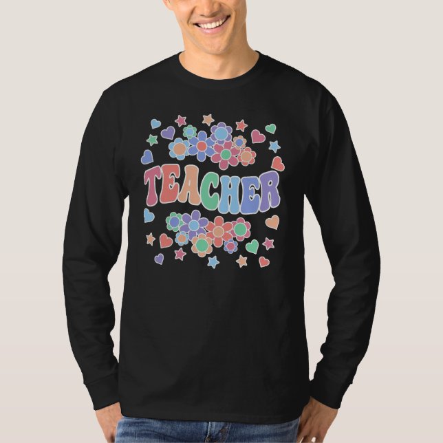 Camiseta TEACHER-Retro Groovy, Flores, Corações, Estrelas (Frente)