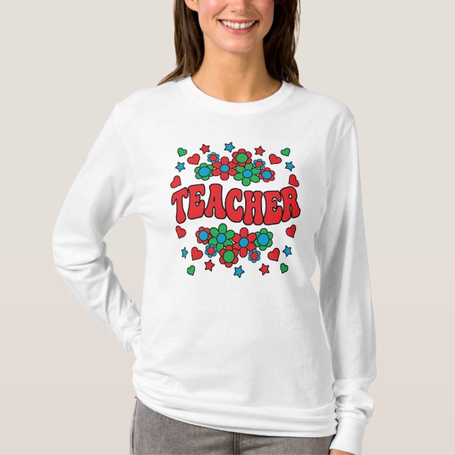 Camiseta TEACHER-Retro Groovy, Flores, Corações, Estrelas (Frente)