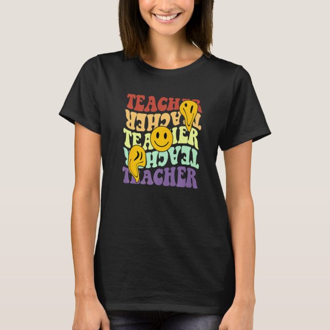 Camiseta teacher retro sunflower smile face back to school  (Frente)