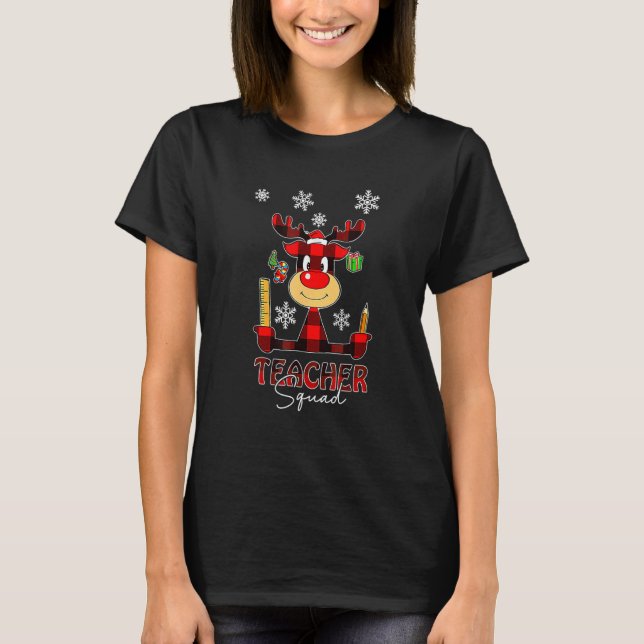 Camiseta Teacher Squad Plaid Reindeer Santa Hat Teacher Chr (Frente)