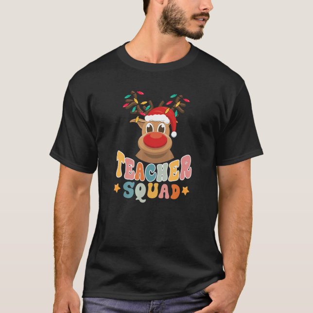 Camiseta Teacher Squad Reindeer Santa Hat Lights Christmas  (Frente)