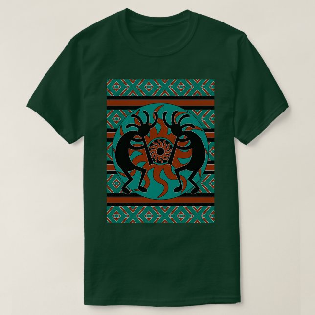 Camiseta Teal Black E Brown Kokopelli Sudoeste Design  (Frente do Design)