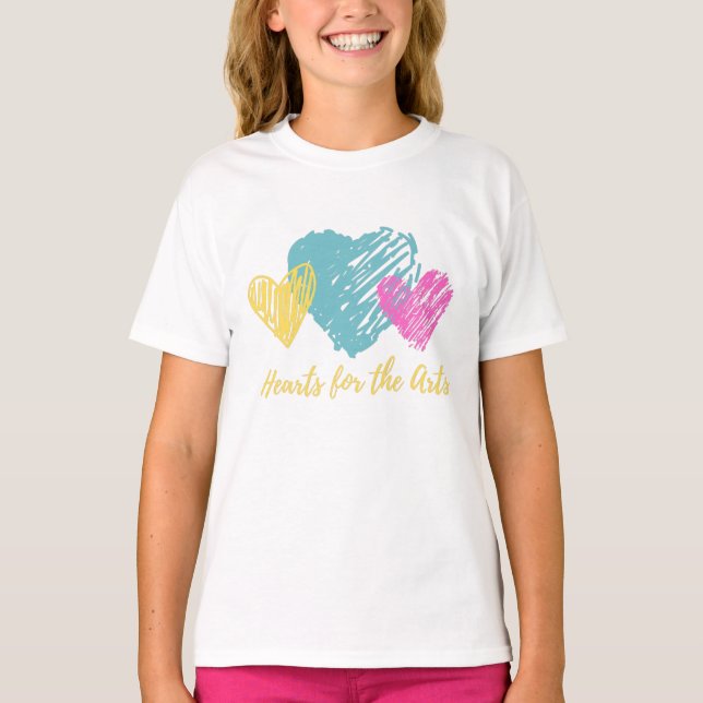 Camiseta Teal, Corações Rosa e Amarelo (Frente)