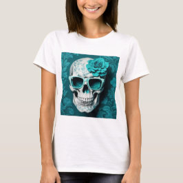 Camiseta Teal Floral 3D Morto Caveira vestindo óculos escur