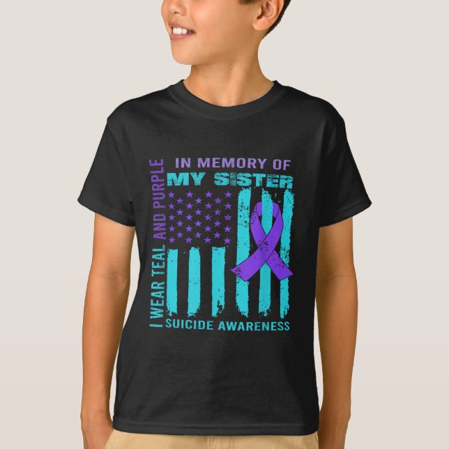 Camiseta Teal Purple Ribbon Suicide Awareness Flag Sister B (Frente)