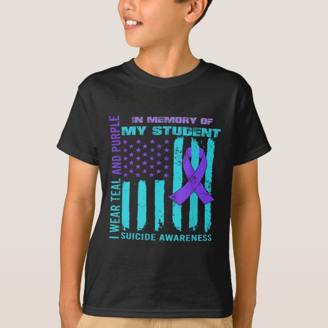 Camiseta Teal Purple Ribbon Suicide Awareness Flag Student  (Frente)