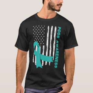Camiseta Teal Ribbon American Flag PCOS Mês de Sensibilizaç