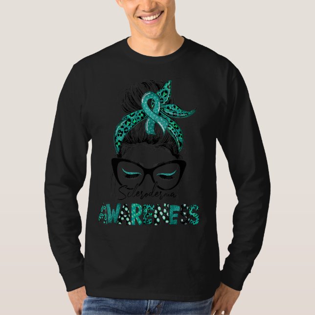 Camiseta Teal Ribbon Messaging Hair Bun Scleroderma Sensibi (Frente)