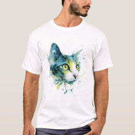 Camiseta Teal Watercolor Cat Face Abstract Art Poster.