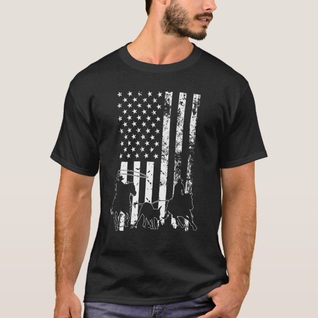 Camiseta Team Roping - Bandeira dos EUA Equitação Cavalgada (Frente)