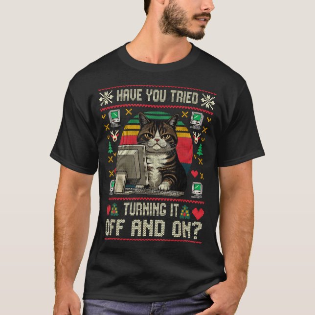 Camiseta Tech Suprts Cat Engineer Computer Ugly Christmas S (Frente)