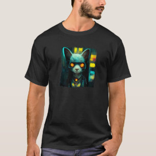 Camiseta Techno Cyber Cat Vestindo óculos Cyberpunk Aesthet