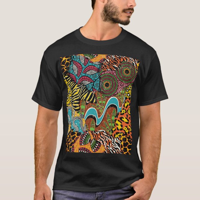 Camiseta Tecido Africano: Patchwork para animais selvagens. (Frente)