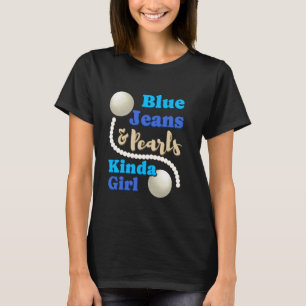 Camiseta Tecido Denim Jeans Azuis Pérolas Jeans Esfoladas