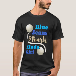 Camiseta Tecido Denim Jeans Azuis Pérolas Jeans Esfoladas