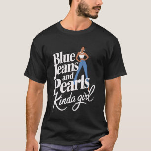 Camiseta Tecido Denim Jeans Azuis Pérolas Jeans Esfoladas