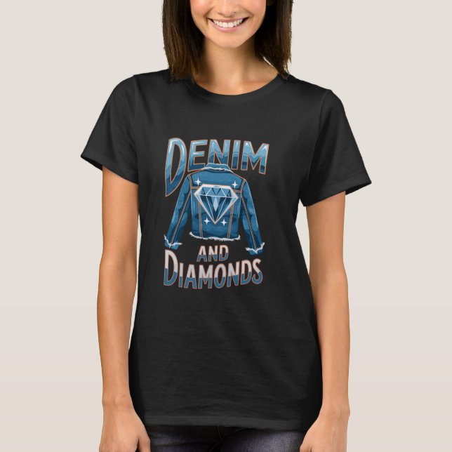 Camiseta Tecido Denim Jeans Azuis Pérolas Jeans Esfoladas (Frente)