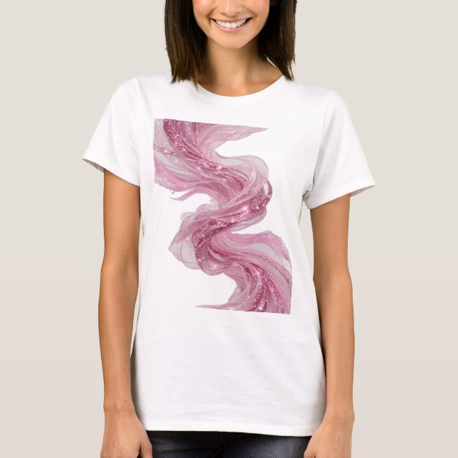 CAMISETA TECIDO PRATEADO BRILHANTE COM FAÍSCAS EM TOM ROSA (Frente)