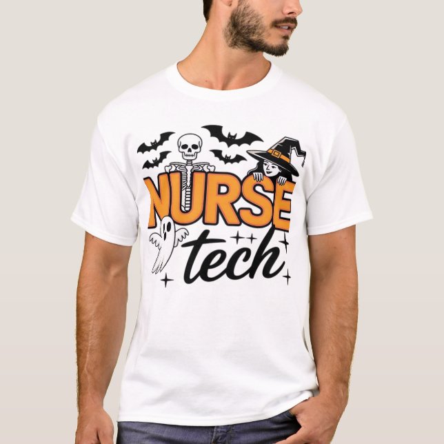 Camiseta Técnico de Enfermagem - Halloween - com esqueleto, (Frente)