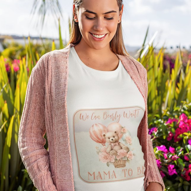 Camiseta Teddy Bear Barly Espera que a mãe seja Chá de fral (Teddy Bear Hot Air Balloon | Pink Flowers Girl Baby Shower "Mama to Be" t-shirt)