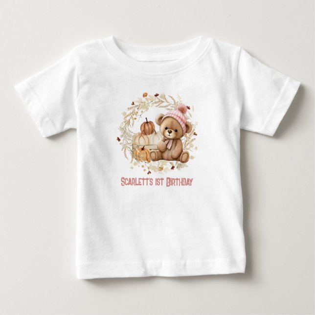 Camiseta Teddy Bear Fall primeiro aniversario Pumpkins Nome (Frente)