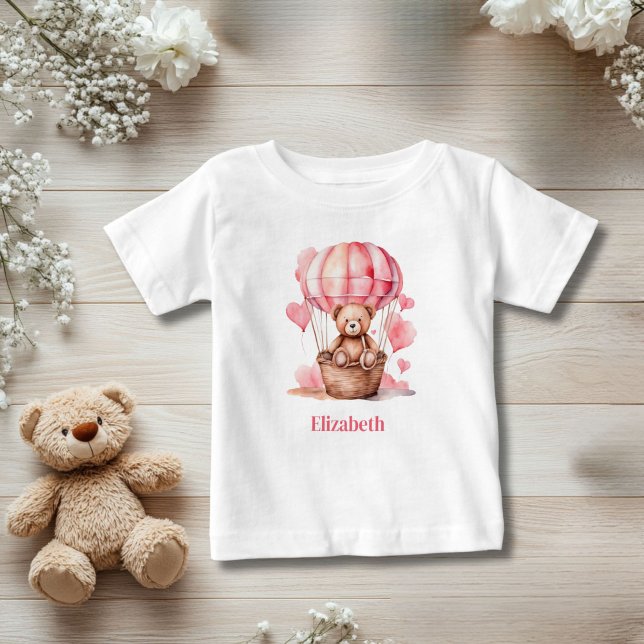 Camiseta Teddy Bear Hot Air Balon Pink Girl Personalizada (Teddy Bear Hot air balloon Pink Baby Toddler Girl Personalized T-shirt)